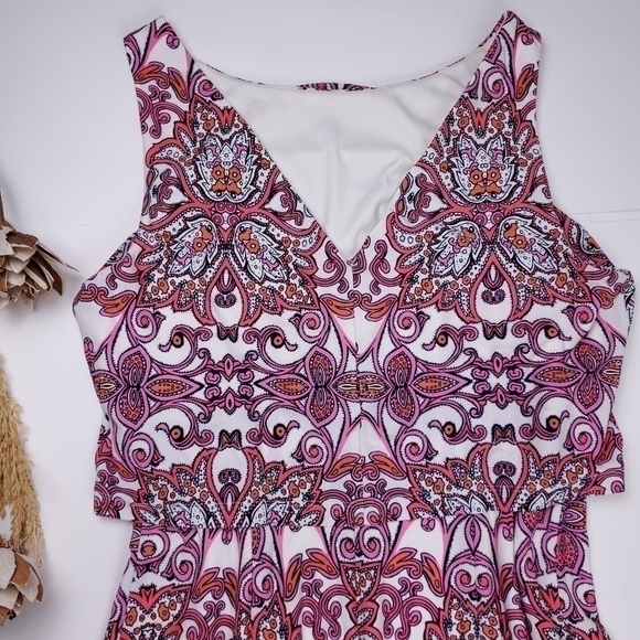 Vince Camuto Pink White Boho Print V-Back Dress Size 14 - Picture 5 of 14